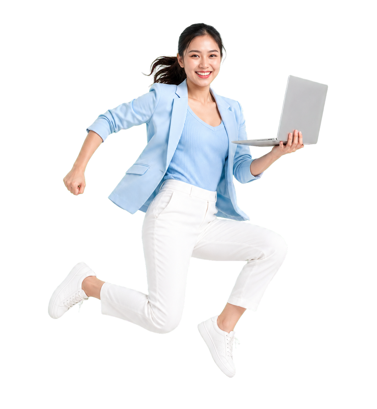 A happy WebSiam client jumping with a laptop